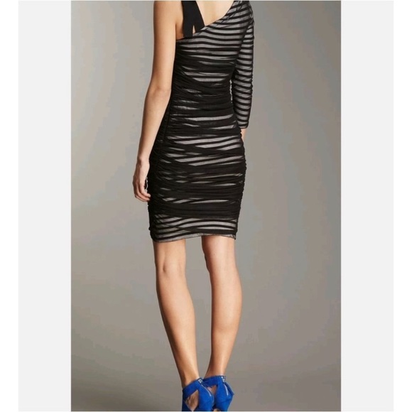 BCBGMaxAzria Black & White Striped Ruched Mesh Bodycon Dress, sz XS - Picture 2 of 14